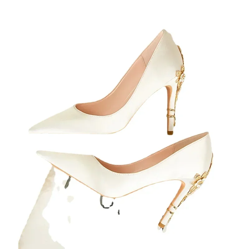 Women's Metal Flowers Stiletto High-heel Shoes Female  Light Luxury Sexy Fashion Wedding Shoes Pointed Toe Satin Single Shoes 5
