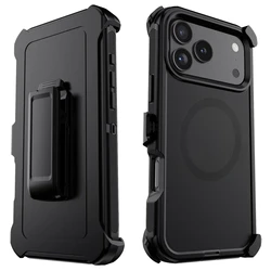 Heavy Duty 3 - Layer Defender Armor Case with MagSafe & Belt Clip - Shockproof Cover - iPhone 15 Plus (Black)