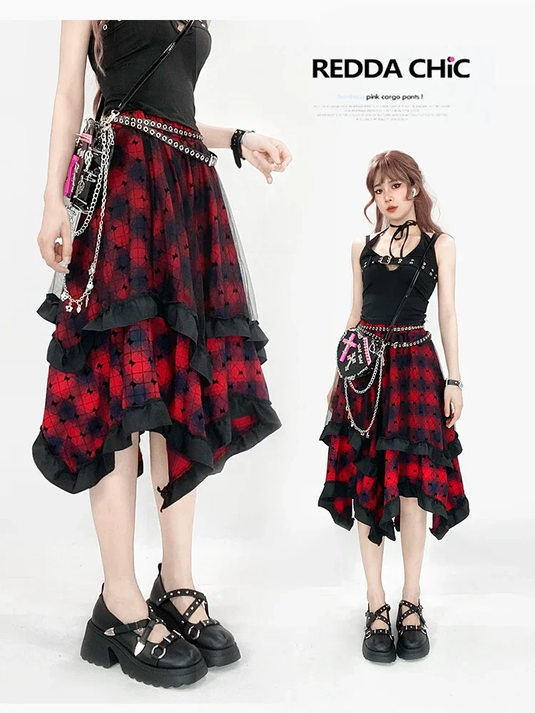 Gothic Lace Patchwork Plaid Fluffy Long Skirt, Spicy Girl Dress