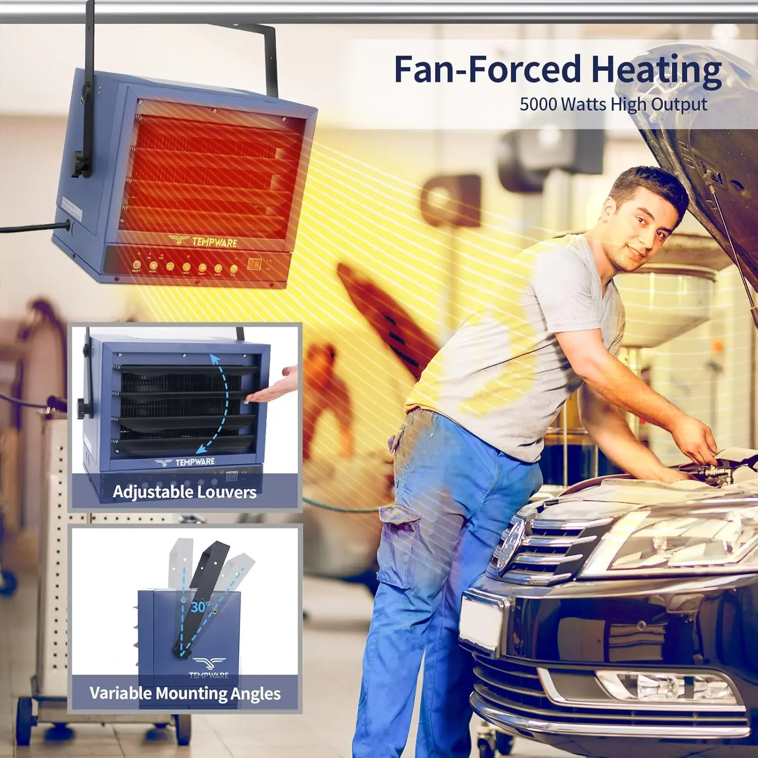 Garage Heater, 5000-Watt Digital Fan-Forced Ceiling Mount Shop Heater with Full-Function Remote, 240-Volt Hardwired Heater