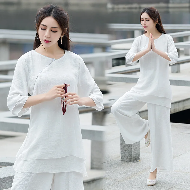 White Simple Solid Zen Casual Set Clothing Women Long Top Wide Leg Pants Two Pieces Chinese Styles Vintage Ethnic Style Harajuku fashion solid velour two piece set women simple casual zipper long sleeve turtleneck top bandage lace slim female wide leg pants