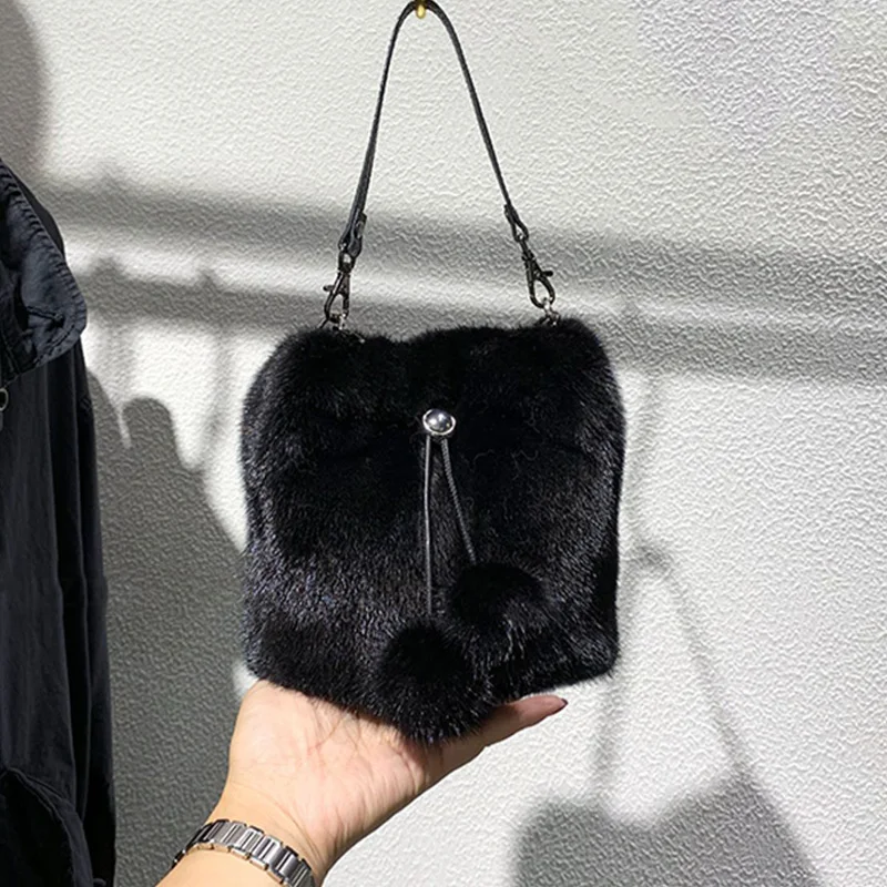 New Real Mink Fur Bag Women Winter Luxury Handbag Ladies Handbags Crossbody  Single Shoulder Bag Solid Color Party Hand Bag Women