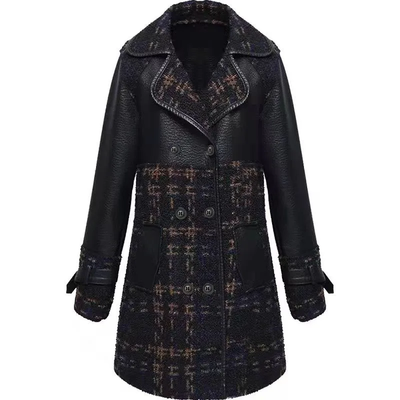 Winter New PU Leather Coat Long Double-Sided Leather Dress Women\'s Splicing Fashion Trench Coat Female Casual Motorcycle Jacket