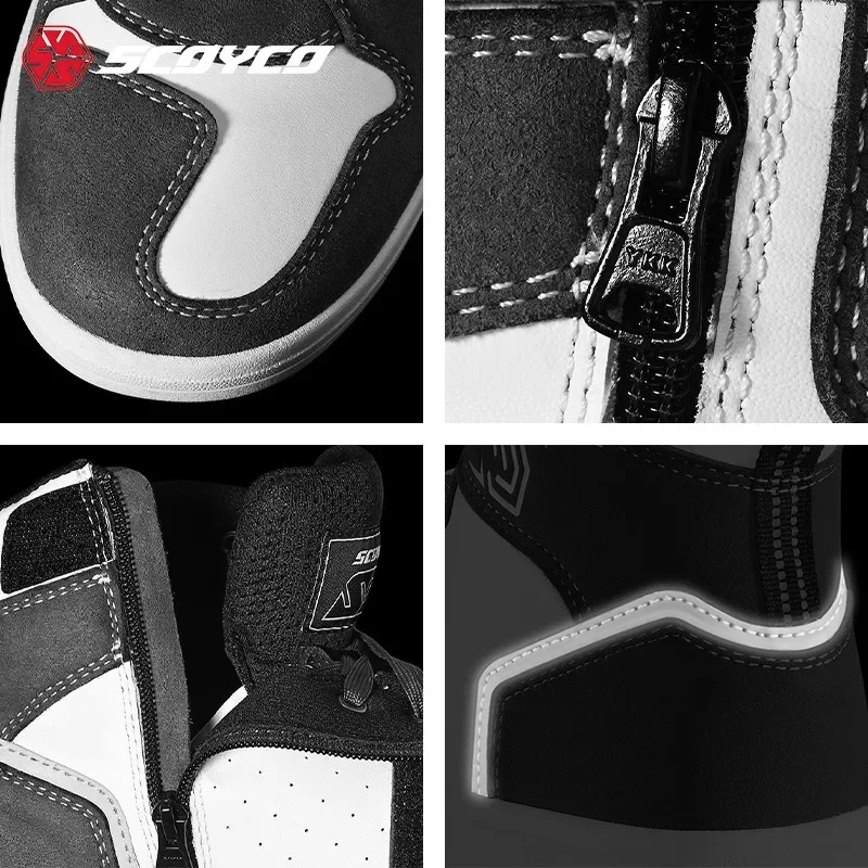 New Men Motorcycle Boots SCOYCO Cowhide Microfibe Leather Breathable Motocross Shoes Anti-skid Moto Biker Wear-resistant