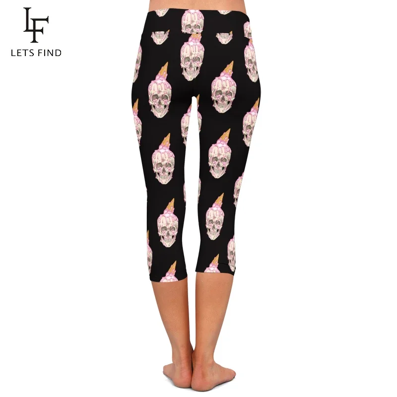 LETSFIND Summer New 3D Skull and Ice Cream Digital Printing Capri Leggings High Waist  Sexy Women Black Leggging