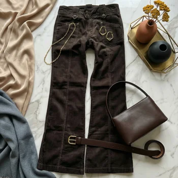 Y2K Harajuku Retro Brown Wide Leg Flare Jeans Womens Low Rise Multi Pocket Cargo Jeans Gothic Casual Fashion Sexy Slim Fit Jeans 1