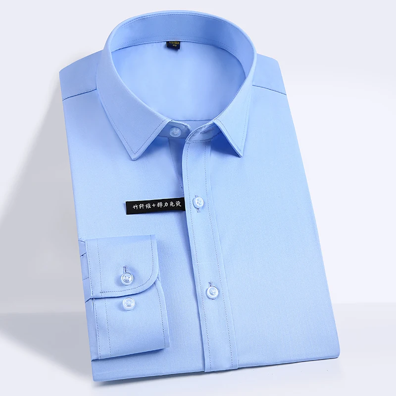 Men's Classic Dress Shirt Long Sleeve Solid Pocket-less Design Regular-fit Non-iron Bamboo Fiber Business Office Stretch Shirts