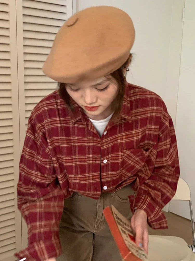 

Plaid Shirts Women Spring Korean Style Vintage Office Lady Long Sleeves Loose Soft Streetwear Simple Pocket College Tops Basics