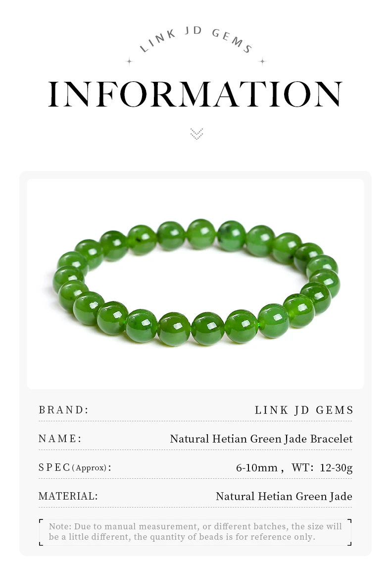 JD Natural Hetian Green Jade Round Bead Bracelets Women Genuine Gemstone Single Circle Reiki Healing Energy Balance Jewelry Gift