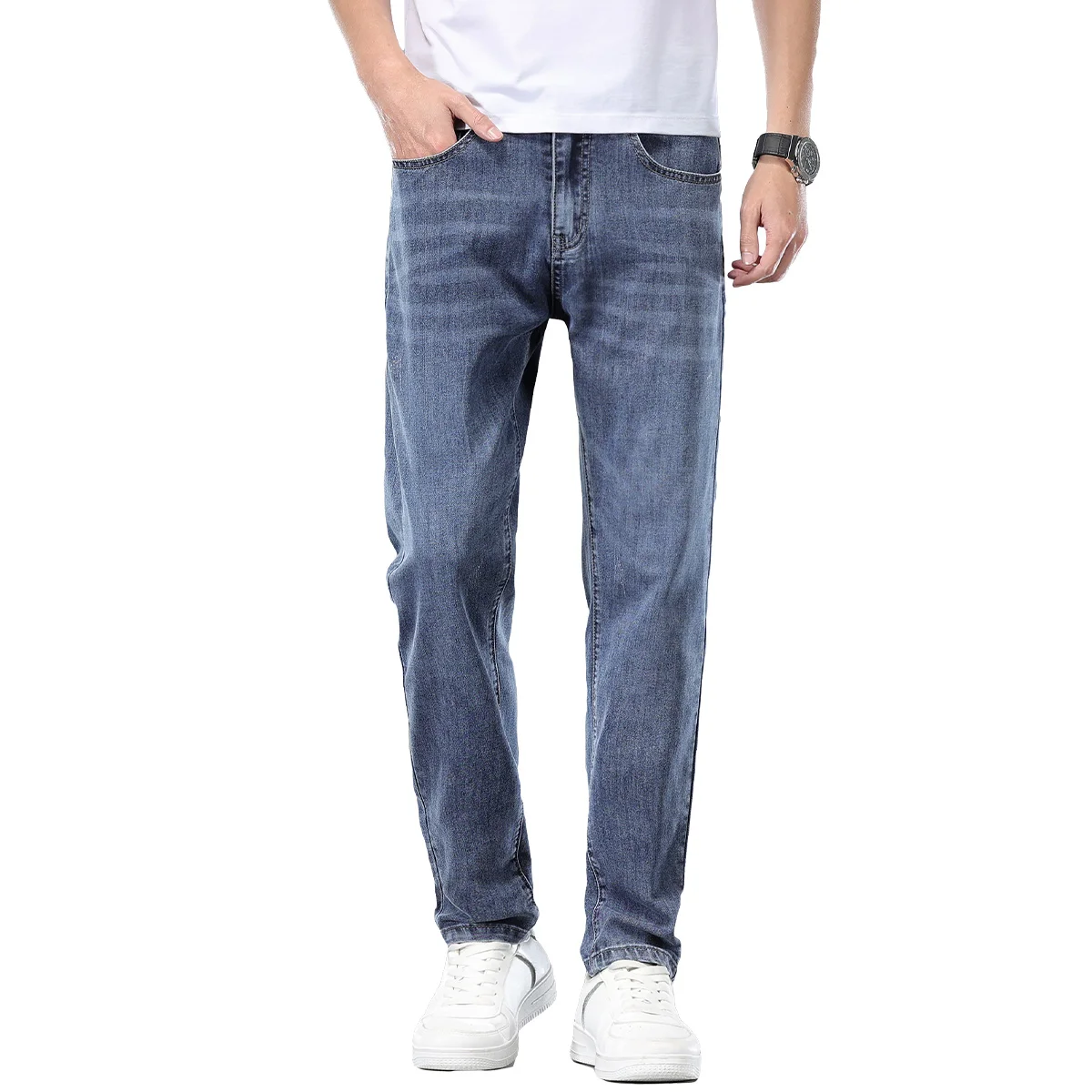  Brand Clothing Spring Summer Slim Men's Jeans Casual Breathable Cotton Fabric Stretch Denim Pants Blue Trousers Male Plus Size 6