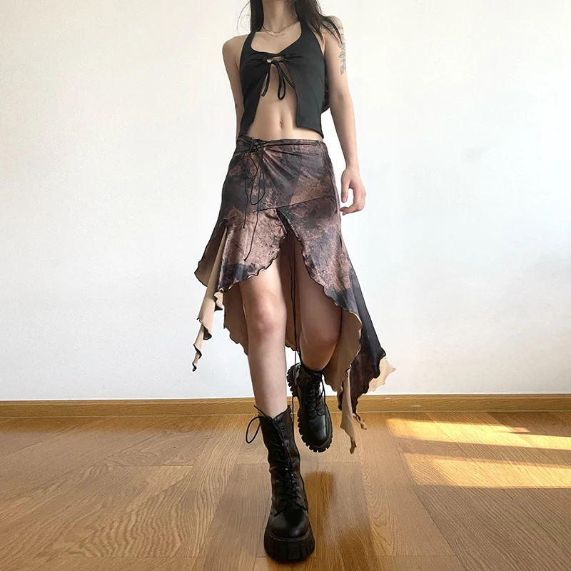 New Summer Harajuku Punk Style Irregular Skirts Women High Waist Splicing Bandage Gothic Brown Fashion Streetwear Split Skirt