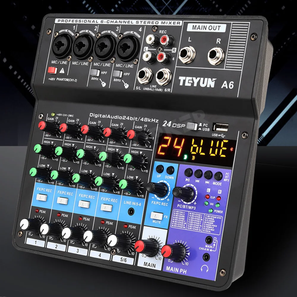 Professional 6 Channel Audio Mixer A6 Sound Mixing Console USB Input 48V Power for DJ Recording Studio