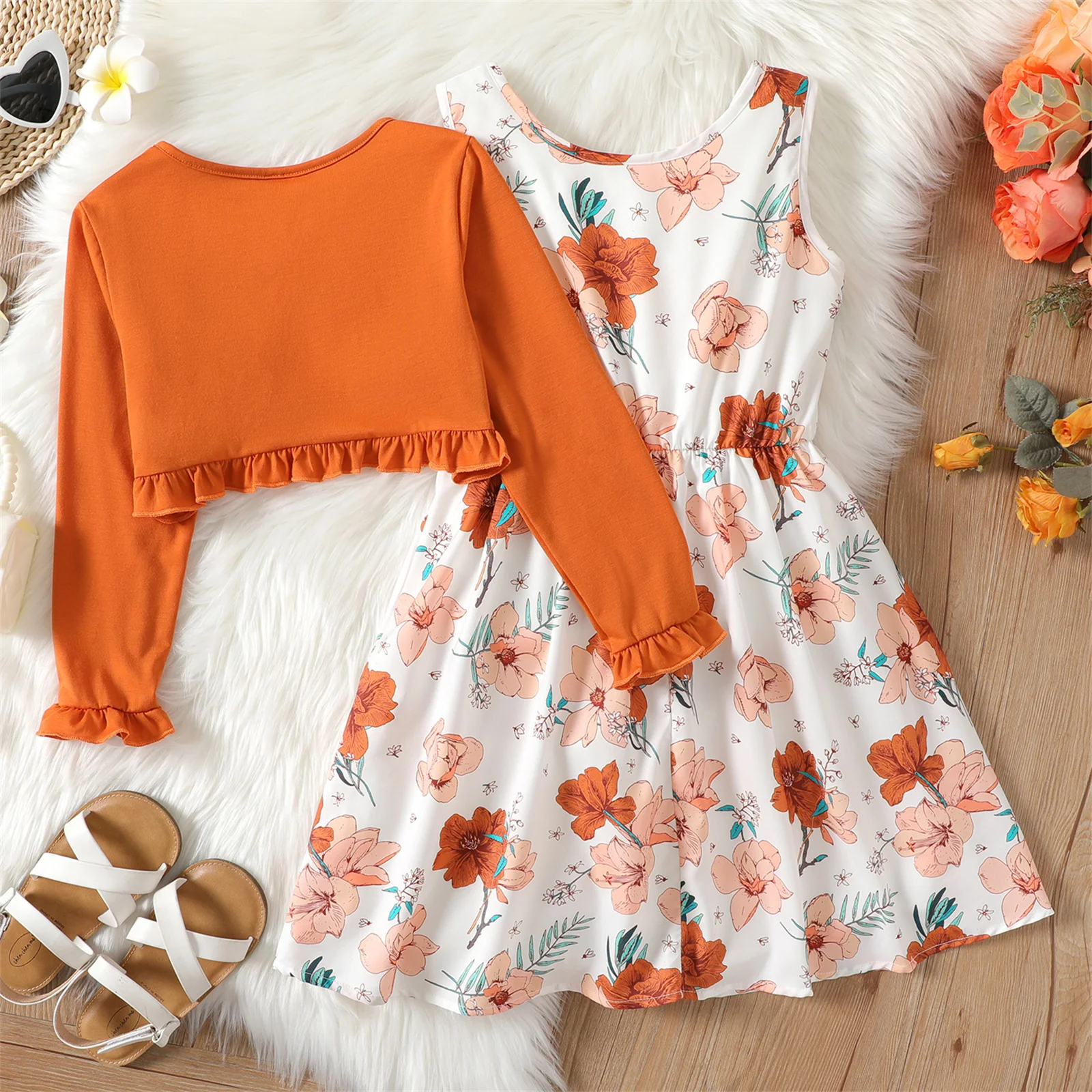 Girls Dress 2pcs Girl Kids Dress Sets Floral Print Sleeveless and Ruffled Long-sleeve Orange Cardigan Set