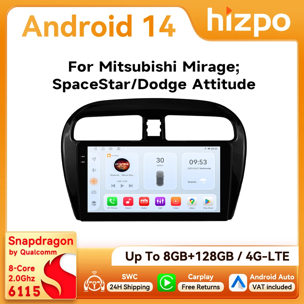 Hizpo 2Din 9 Zoll Android Auto Autoradio für Mitsubishi Mirage Space Star 2012–2023 Snapdragon 6115 GPS RDS DSP CarPlay 360 ° CAM