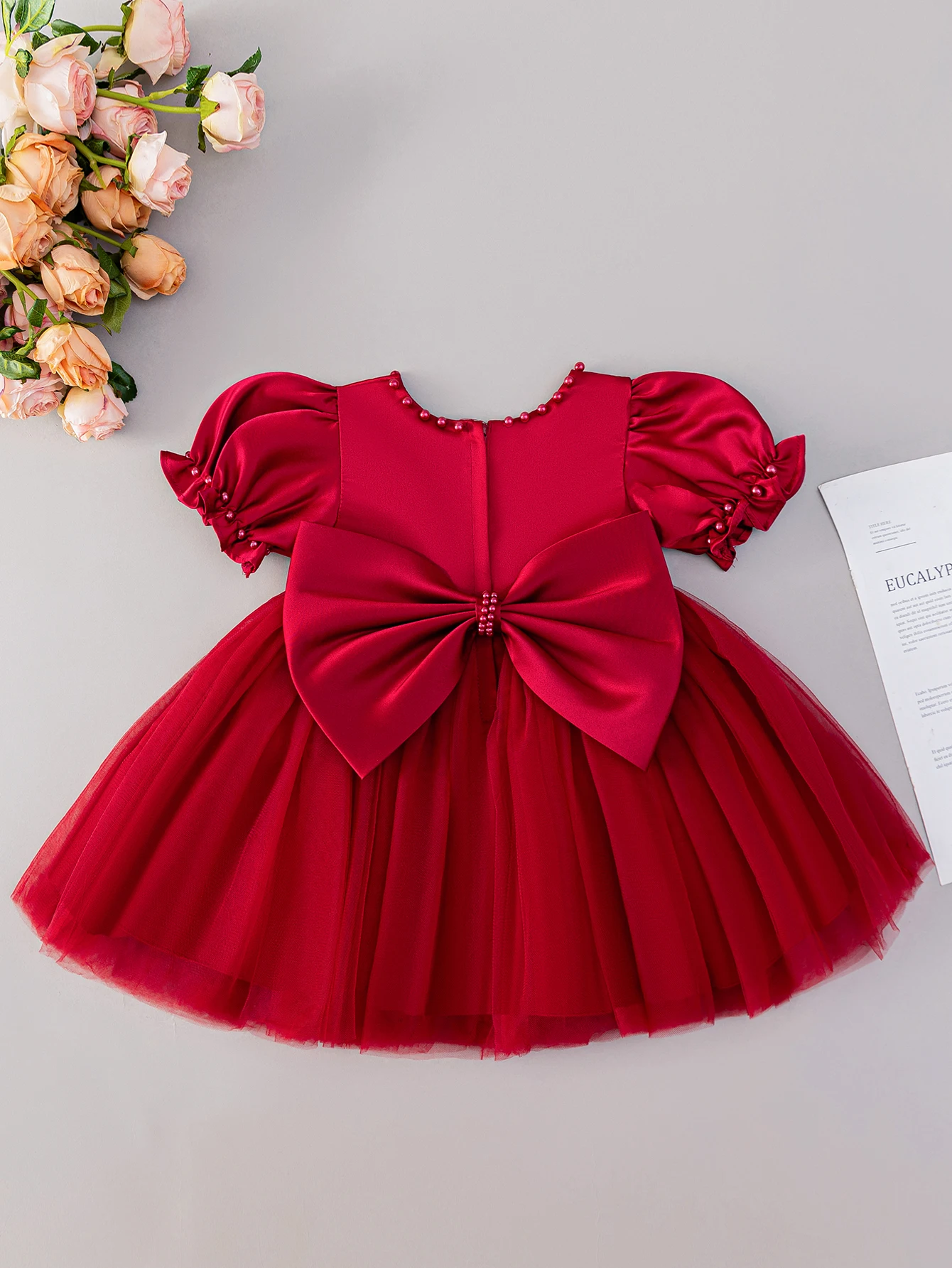 Baby Girl's Dark Green Bow Dress with Veil - Birthday & Party Wear