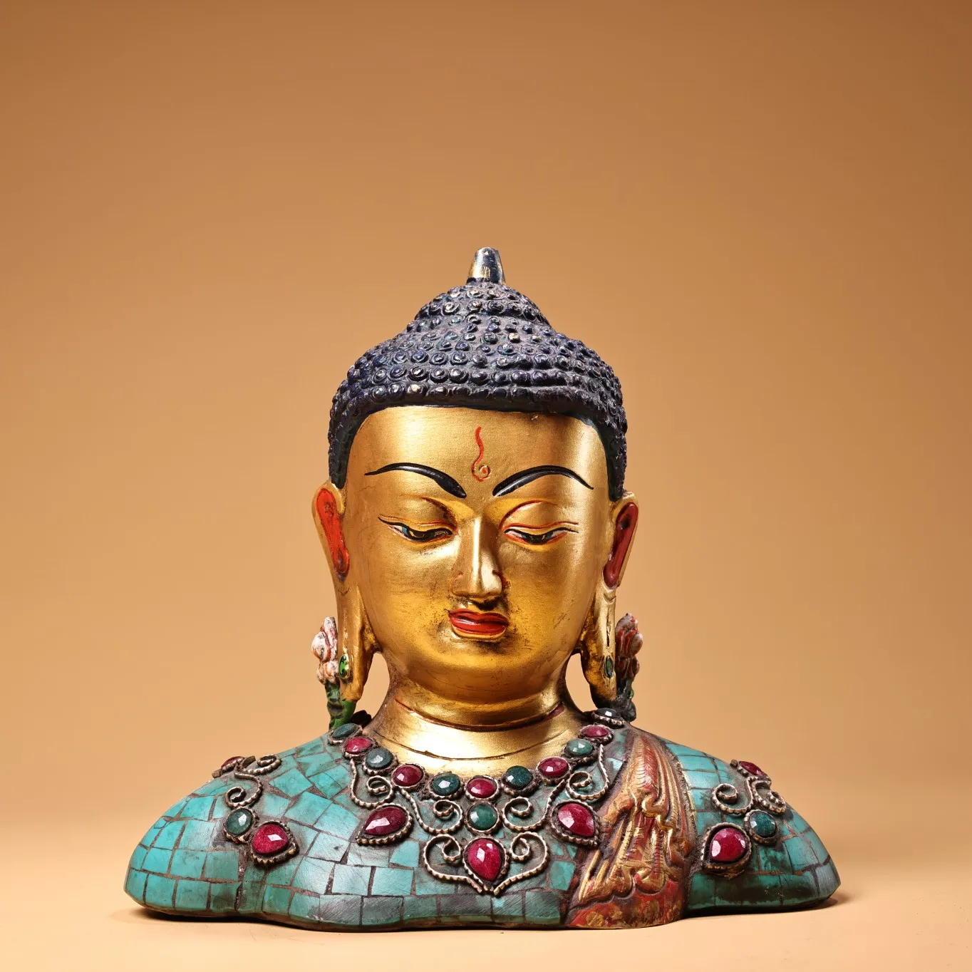 

7"Tibet Temple Collection Old Bronze Outline in gold Mosaic Gem Turquoise Shakyamuni Buddha Head Mask Worship Hall Town house