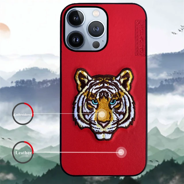 1 pçs/3d bordado cabeça do tigre caso de couro estético para o iphone 13  pro max marca textura capa de couro escudo casco com pacote - AliExpress