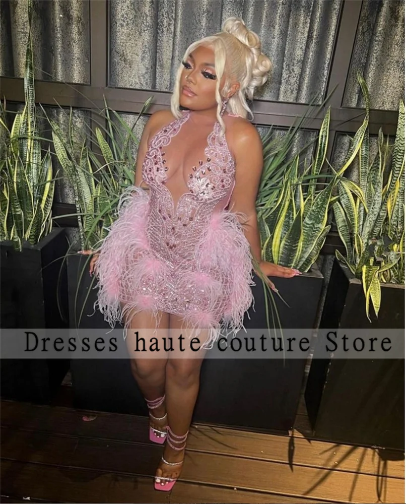 Evening Cocktail Dresses Sparkly Pink Rhinestones Beaded Short Prom Crystals Feathers Mini Party Gowns Homecoming