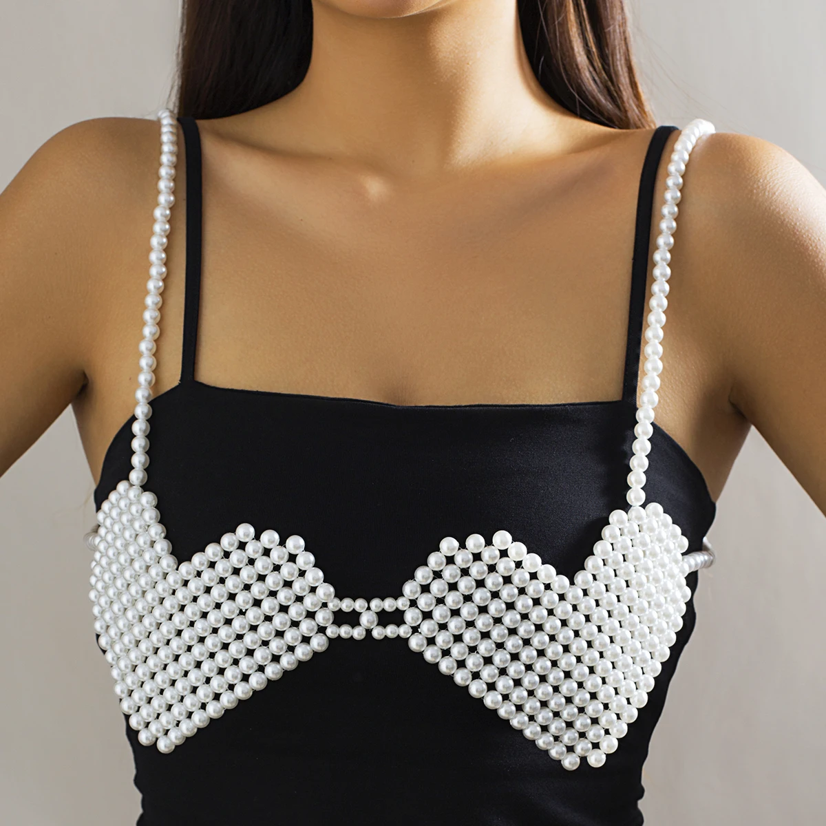 

Lacteo White Imitation Pearl Chest Chain Heart Shape Beaded Bra Underwear Bikini Top Chain Sexy Women Body Jewelry Party Rave