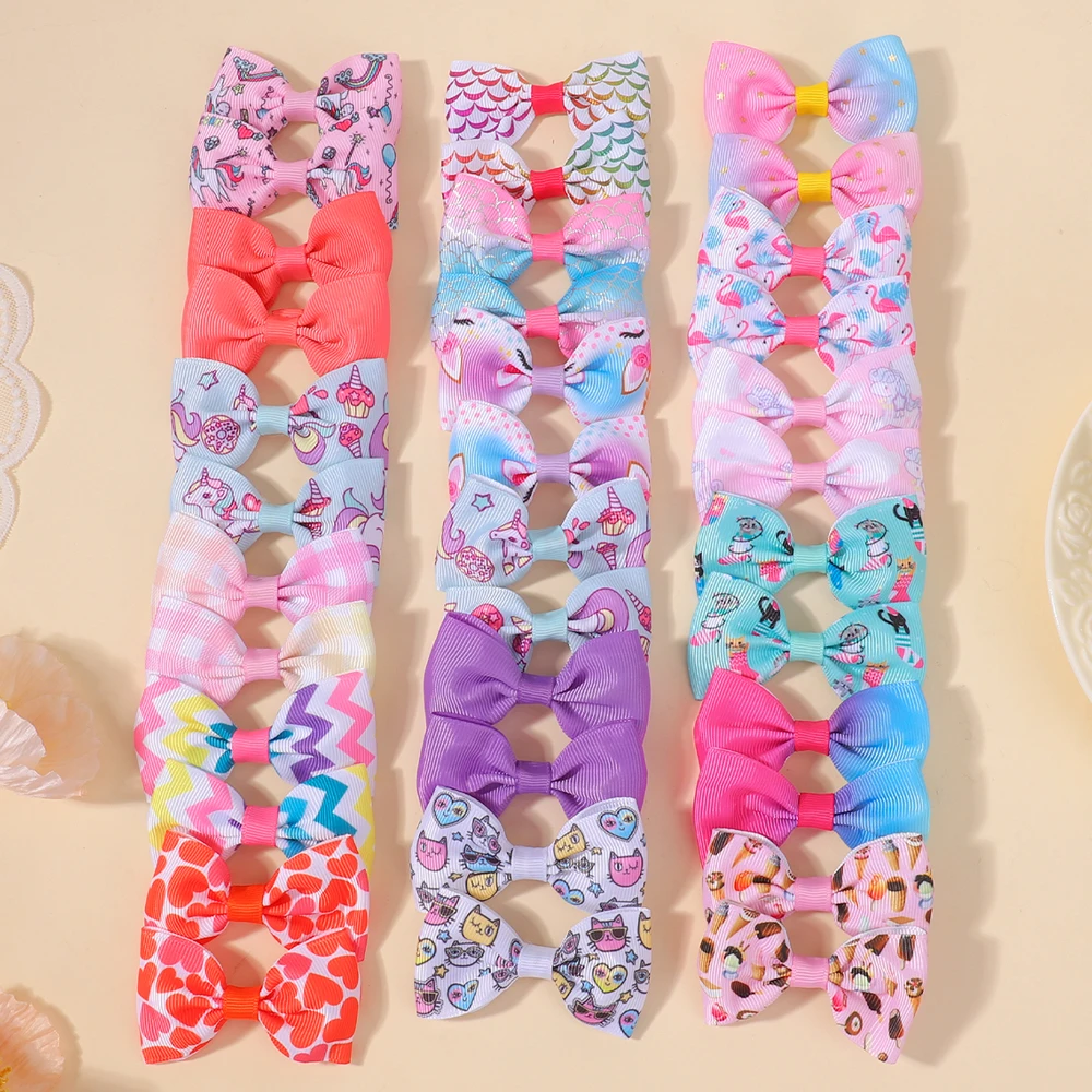 14/42/84 Stück Zufällige Farben Bedruckte Schleifenhaarspangen für Kinder und Mädchen, Handgefertigte Ripsband-Schleifen-Haarklammern, Haaraccessoires