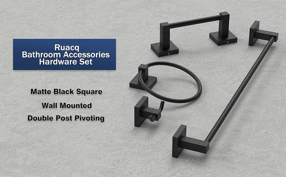 Description Picture 4 of item4 Pieces Bathroom Hardware Set Matte Black Square Stainless Steel and Zinc Alloy Modern Wall Mounted,18-Inch Towel Bar，Robe Hook