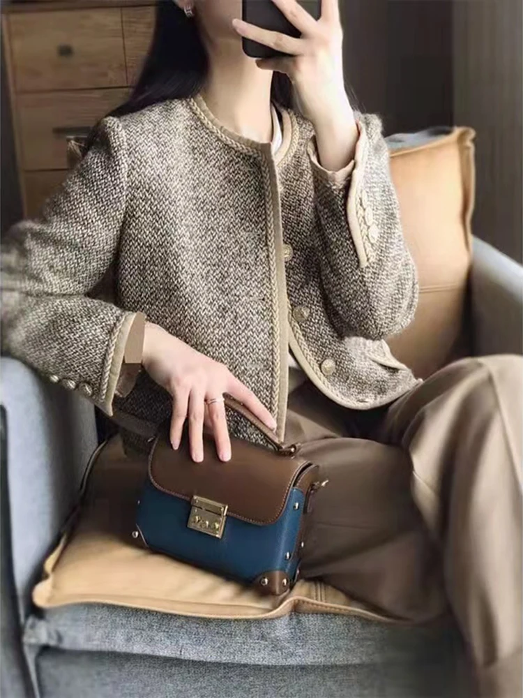 Coat Women's Short Single-Breasted Fashion Loose Versatile Korean Style  Spring and Autumn Design Stitching round Neck Cardigan