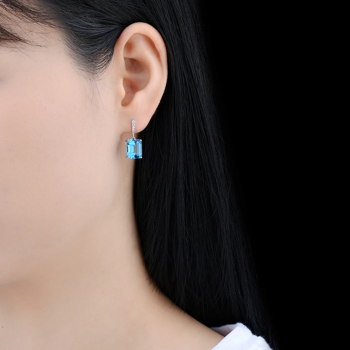 Lohaspie-맞춤형 주얼리 8.3 캐럿 천연 블루 토파즈 다이아몬드 14K 화이트 골드 귀걸이, 여성 럭셔리 스타일 고급 주얼리