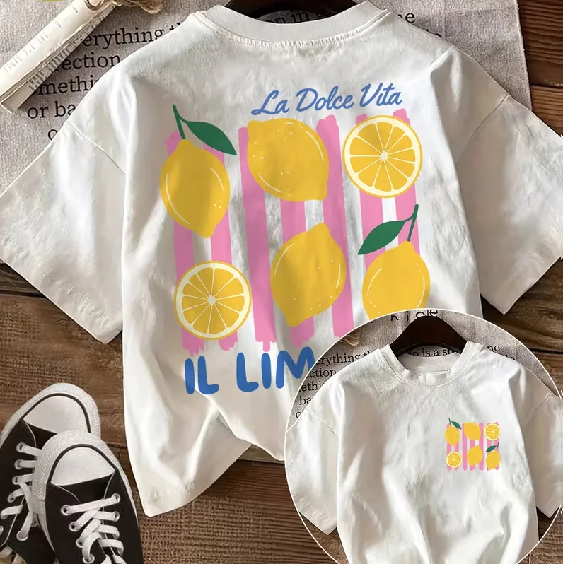 Spring and Summer Fashion Casual Women's Top Fresh Style Lemon Stripe La Dolce Vita Round Neck Pure Cotton Short Sleeved T-shirt 1
