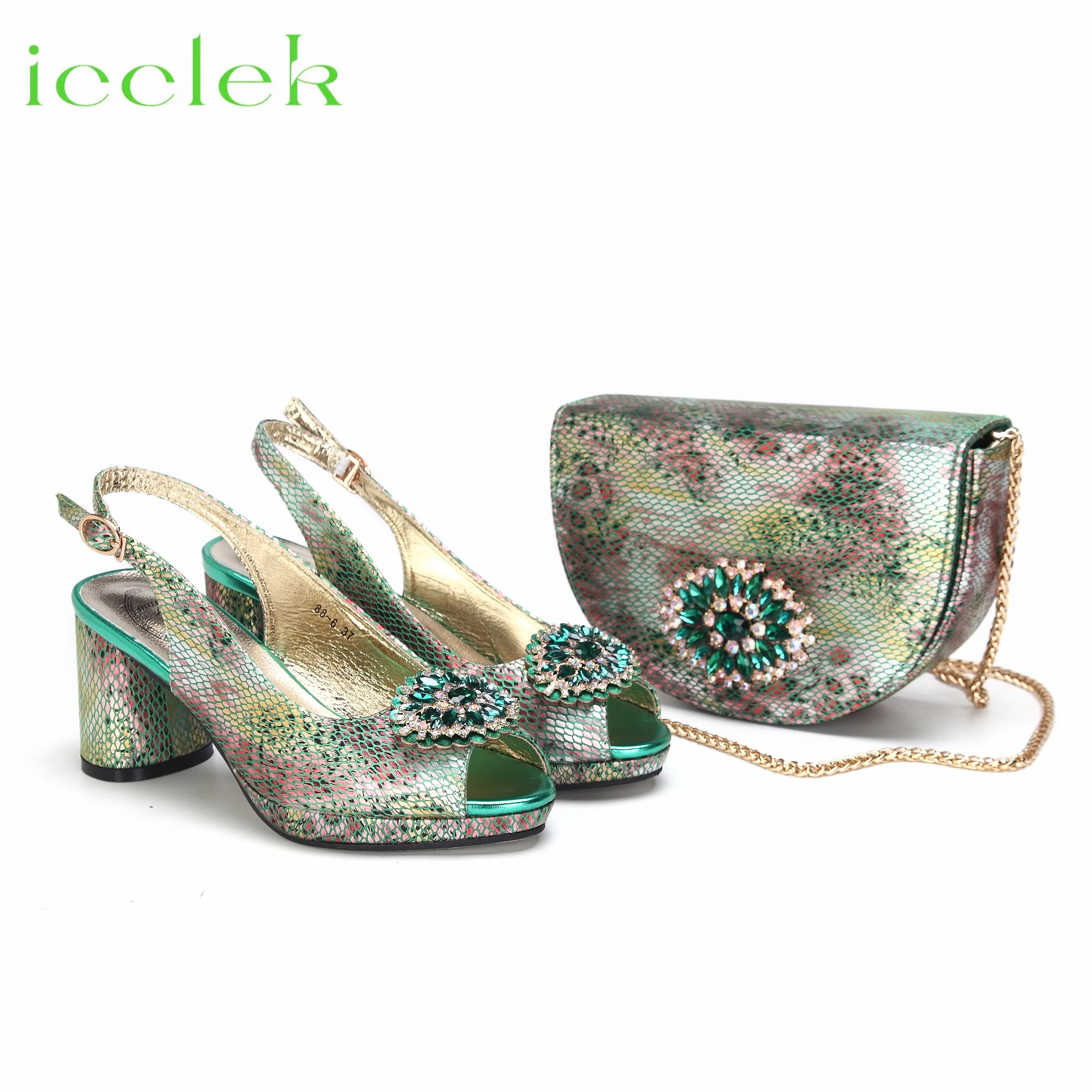 

High Quality Peep Toe Snake pattern Special Design Ladies Party Shoes Matching Bag Set in Green Color