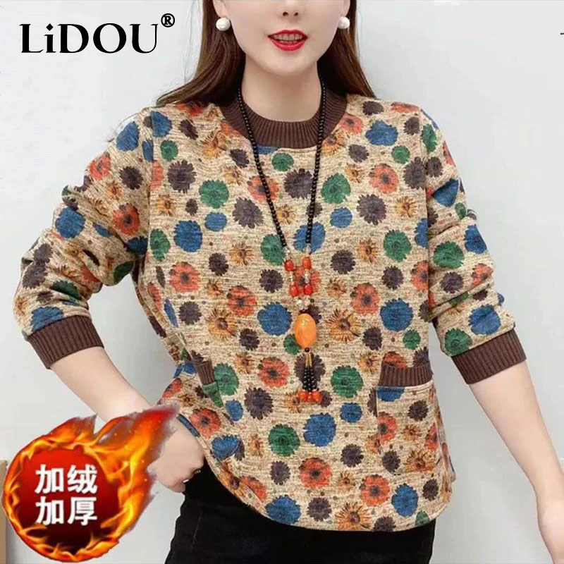 

Autumn Winter Streetwear Fashion Print Casual T-shirt Lady Long Sleeve All-match Bottoming Pullover Top Women Vintage Loose Tee