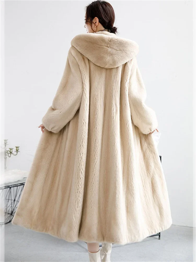 

Long Mink Fur Coat Women 2024 Winter New Fashion Thick Warmth Hooded Loose Faux Fur Coat