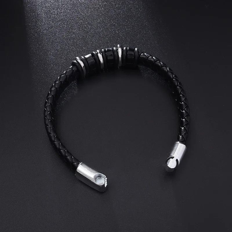 Men's Classic Magnetic Black Leather Rope Chain Charm Bracelet Sports Casual Style