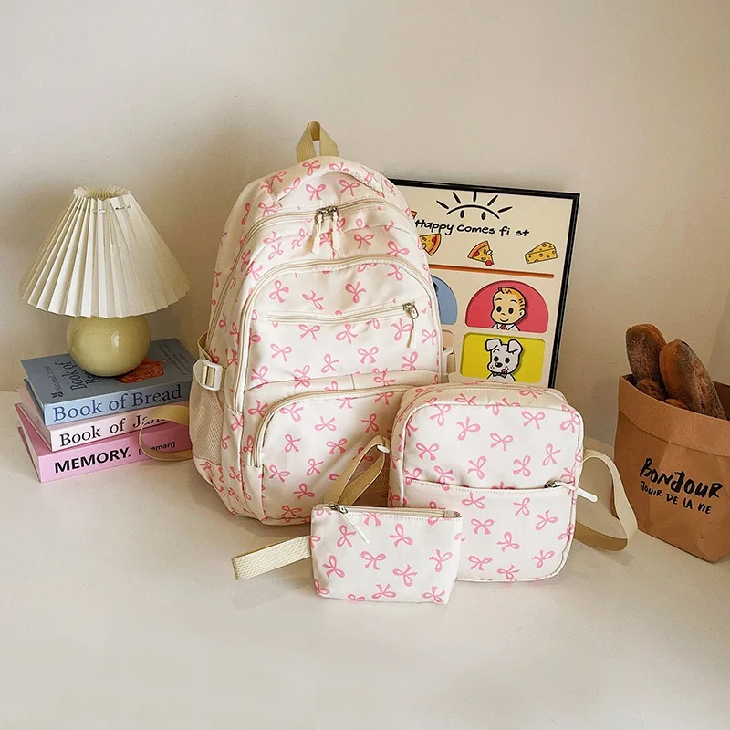 3 Pcs/Set Cute girl Large Capacity Backpack Bow Print Nylon Schoolbag Adjustable Strap Women daily Campus Backpack 6