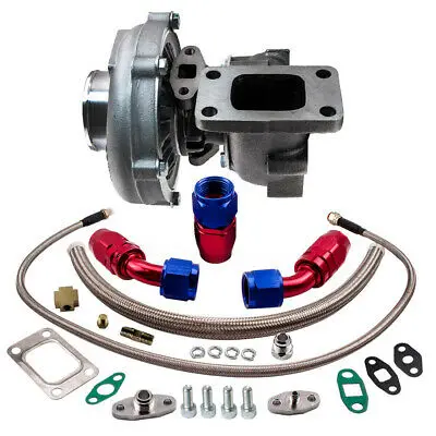 

maXpeedingrods T3T4 Turbo Turbocharger Oil Cold Universal Turbine .63 AR 5 Bolts Flange Oil Line Kit for 1.6L-2.3L engine 400HP