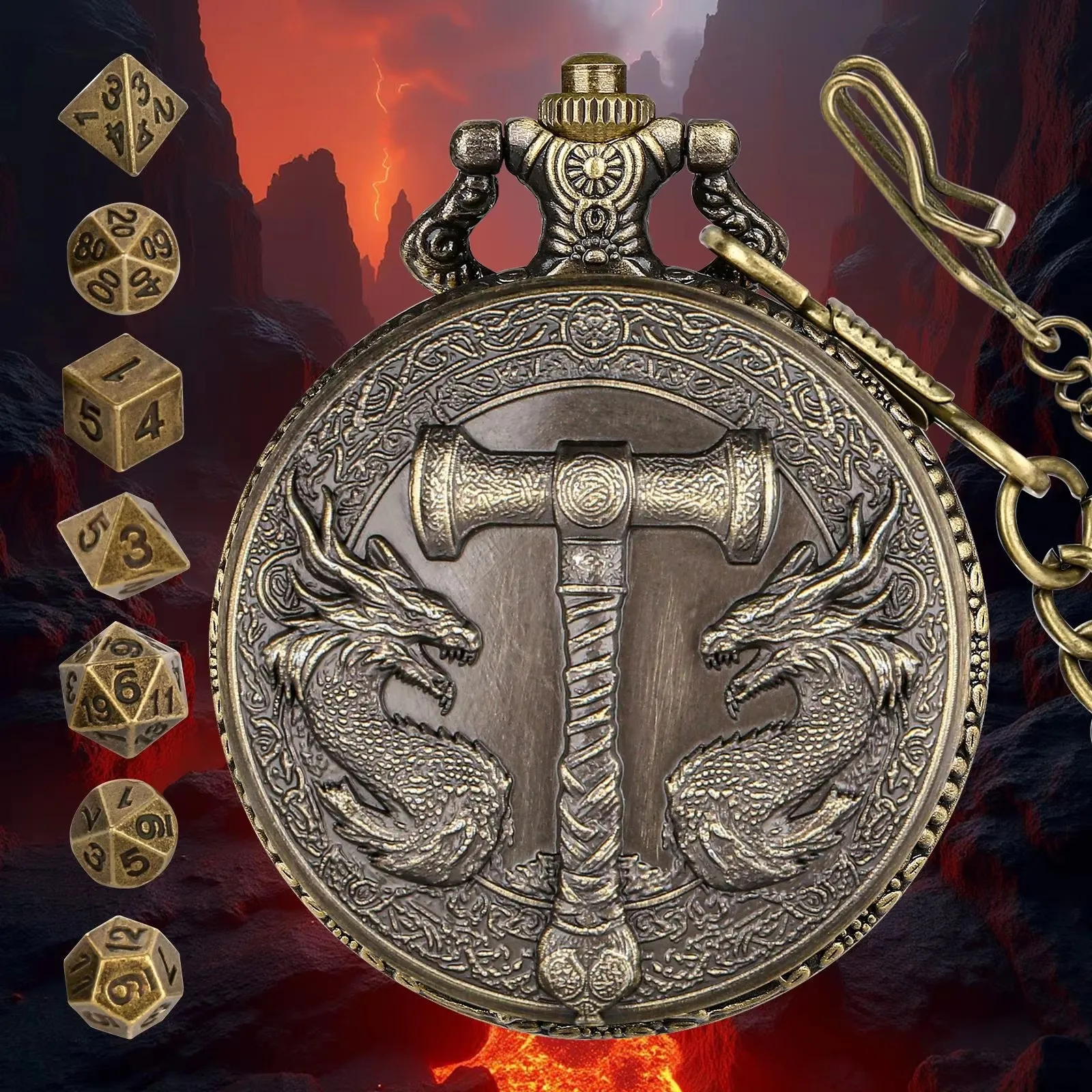 Vintage-Inspired Double Dragon DND Dice Jewelry Pocket Watch Case with 7 Metal Dice Set