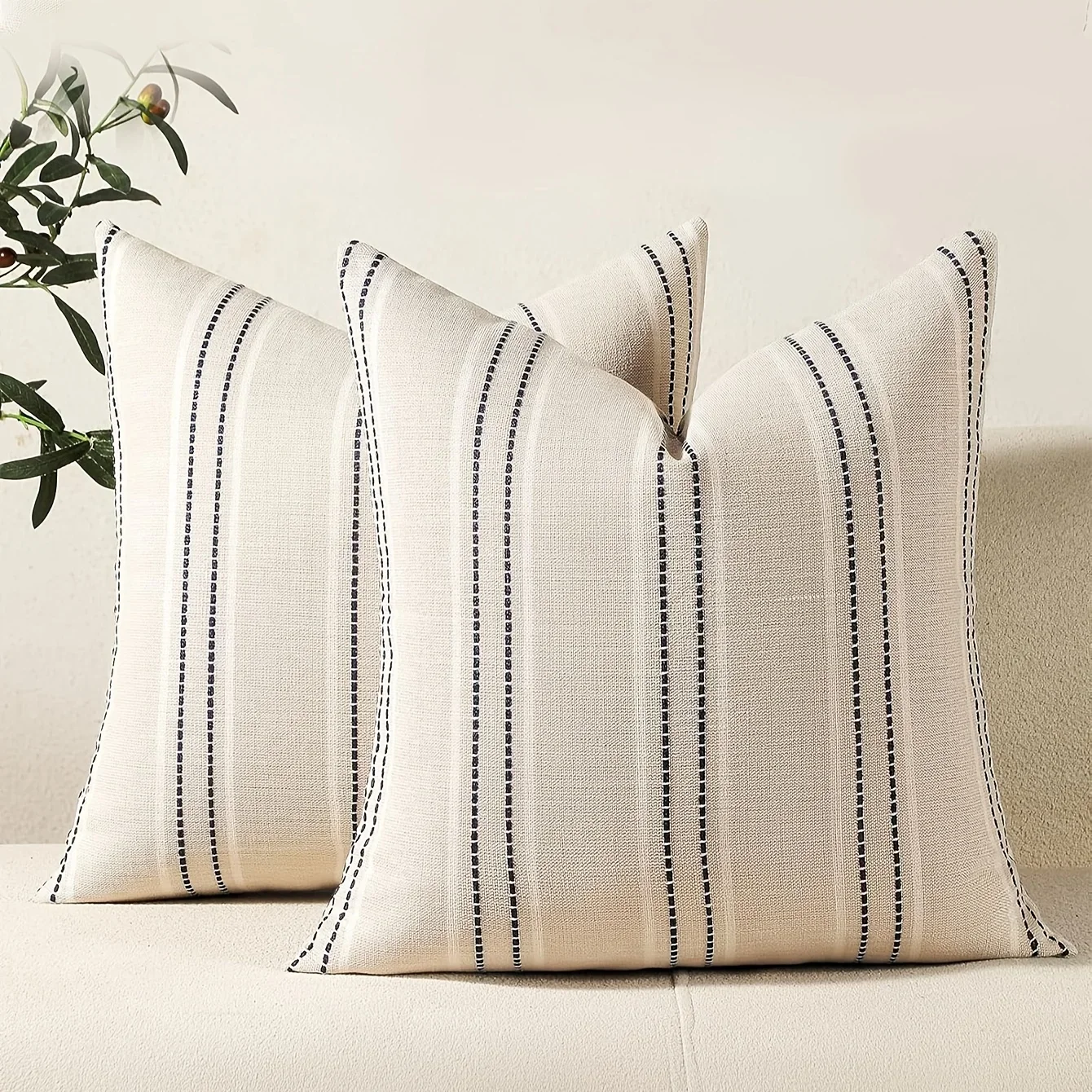 Bohemian Farmhouse Linen Throw Pillow Covers in Beige and White with Stripe Patterns – Elegant Decorative Cushion Cases for Sofa and Living Room Decor