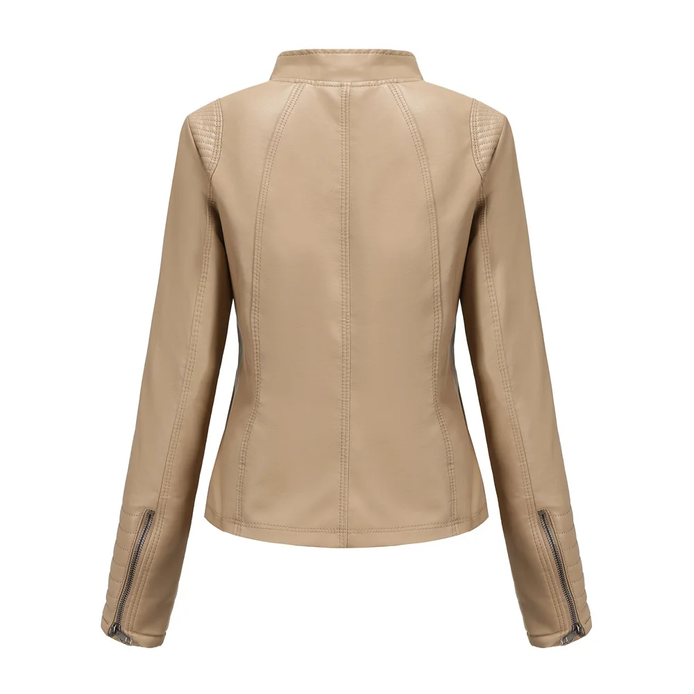 Faux Leather Women Coat Pu Coats Thin Jacket Full Sleeve Stand Collar Slim Fit Solid Sexy Regular Jackets Zipper Casual Splice