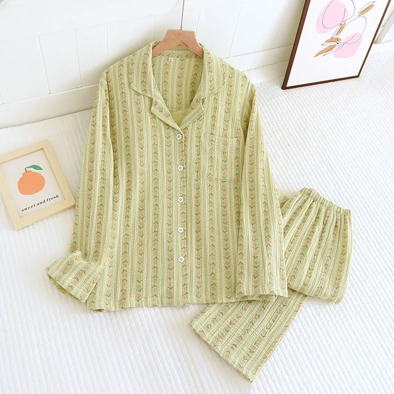 폼 코튼 여성 잠옷 코튼 잠옷 세트 긴 소매 탑 + 바지 여름 봄 귀여운 2 조각 잠옷 Pj 세트 숙녀