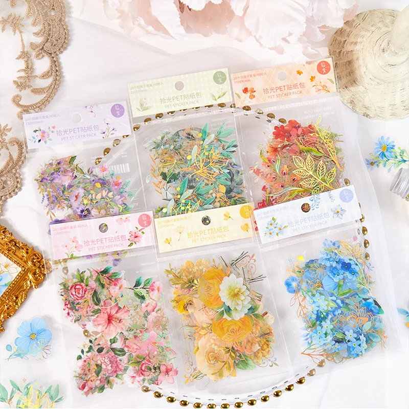 

40Pcs/Set Vintage Creative Flowers Plants Hand Account PET Stickers DIY Log Album Notebook Scrapbook Decorative Accessories