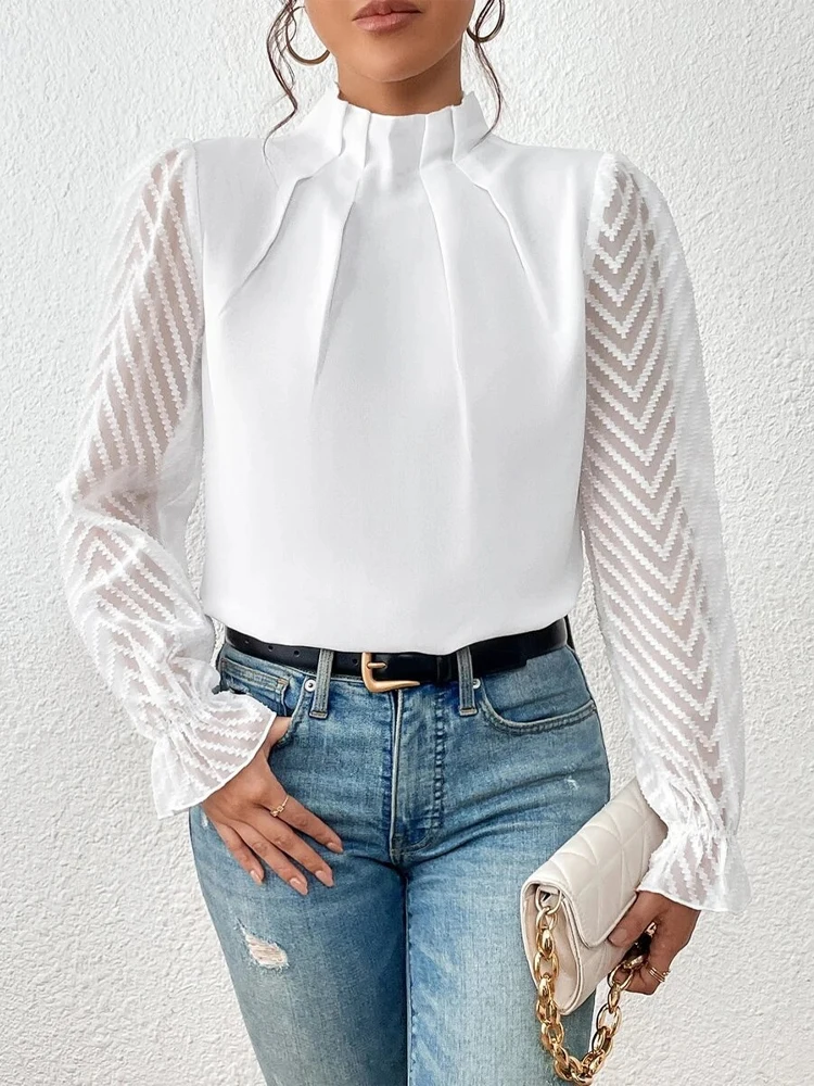 

Chiffon Blouse Women Elegant Half High Collar Ruffle White Shirt Office Lady Spring Autumn Chic Casual Loose Long Sleeve Camisas