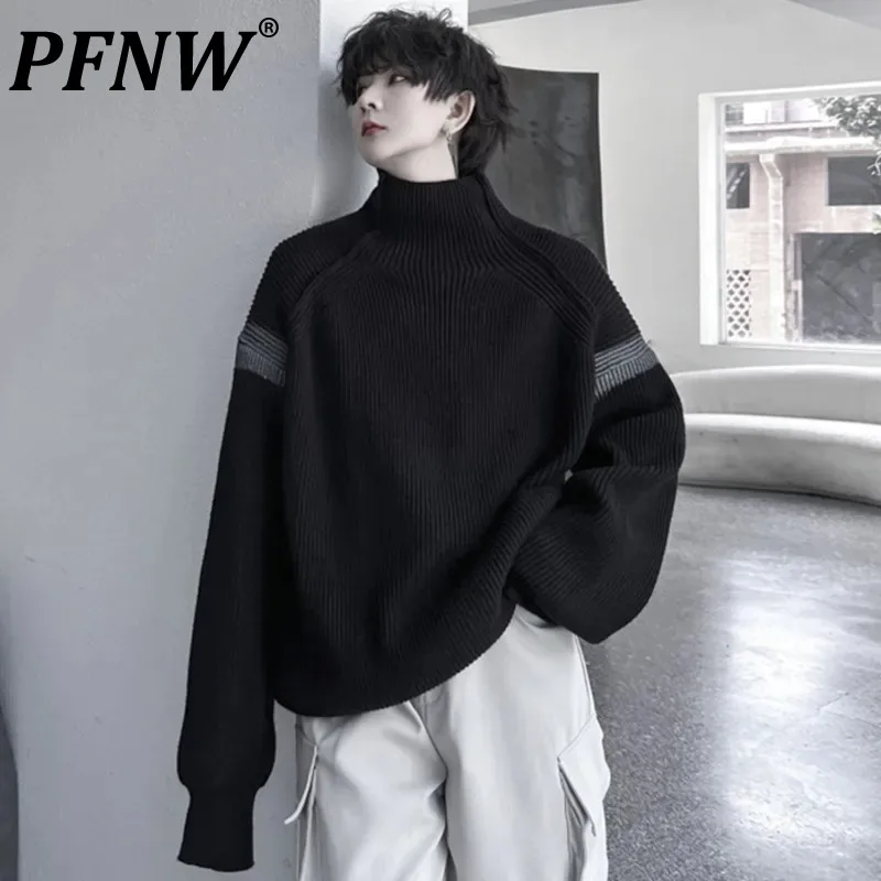 

PFNW Thickened Men's Sweaters New Trendy Mock Neck Patchwork Contrast Color Male Knitting Pullovers Korean Style Spring 9C2499