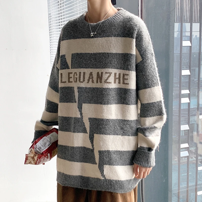 

Oversize Men Loose O-neck Sweaters Letter Striped Print Pullovers Knitted Retro Long Sleeve Tops Harajuku Teens Jumpers Outwear