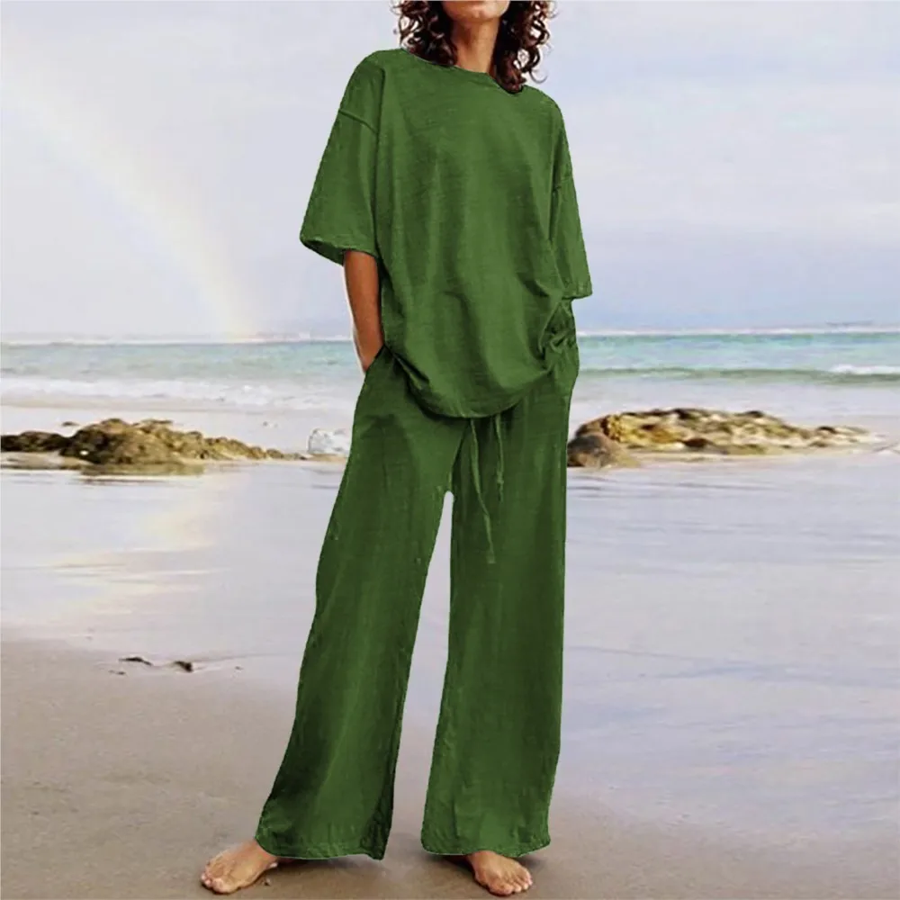 Summer Loose Vintage Solid Half Sleeve Tshirt Drawstring Wide Leg Pant Sets 2 Pieces Suit Y2k Women Outfits New In Matching Sets