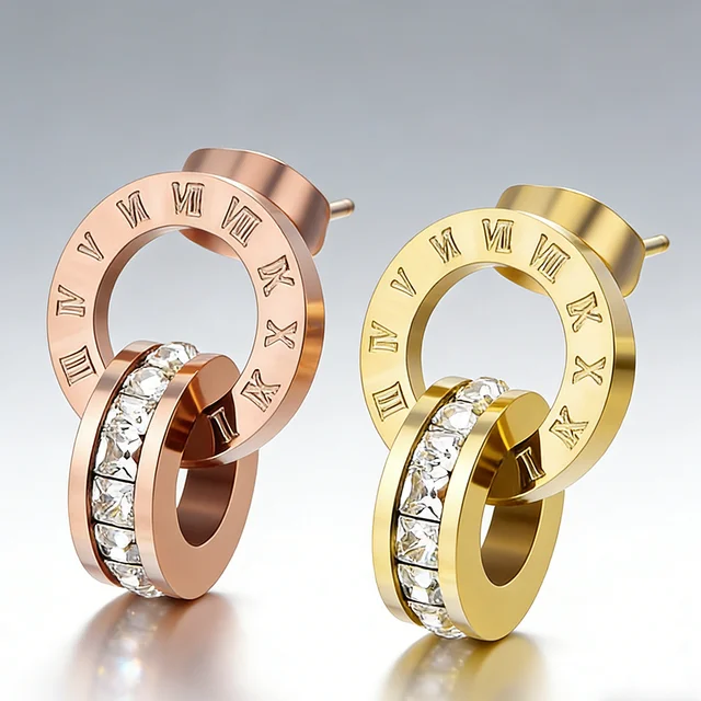Boucles d'oreilles pendantes créatives et tendance en acier inoxydable avec chiffres romains et zircons, double anneaux croisés, pour femme, bijou de mariée, cadeau