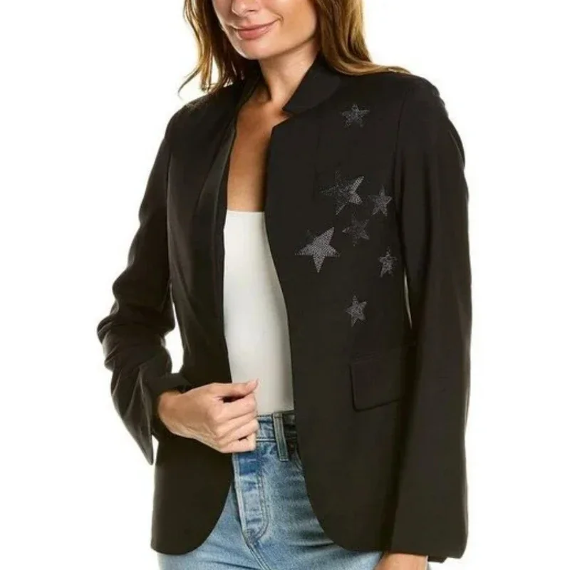 

Autumn and Winter New Women Star Pattern Rhinestone Blazer Black Casual Top