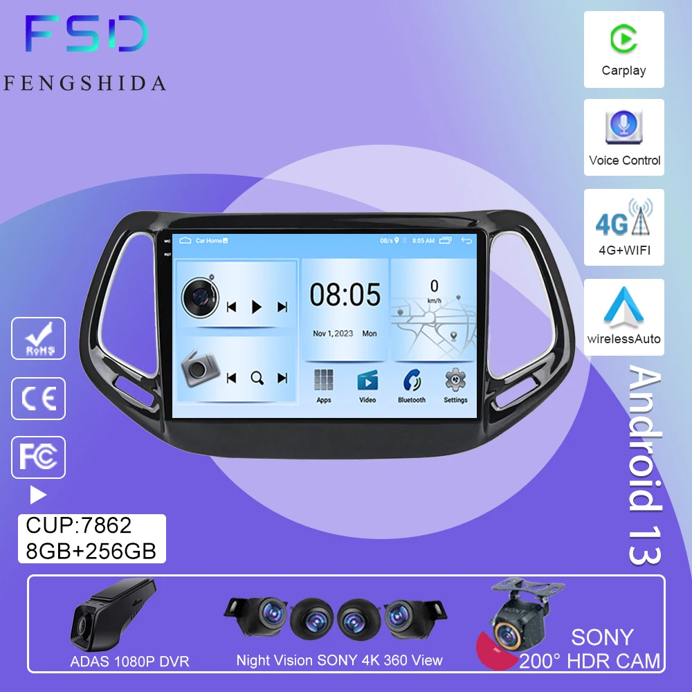 

Android 13 For Jeep Compass 2 MP 2016 2017 2018 2019 Car Radio Multimedia Video Player Navigation GPS HDR QLED 5G WIFI No 2DIN