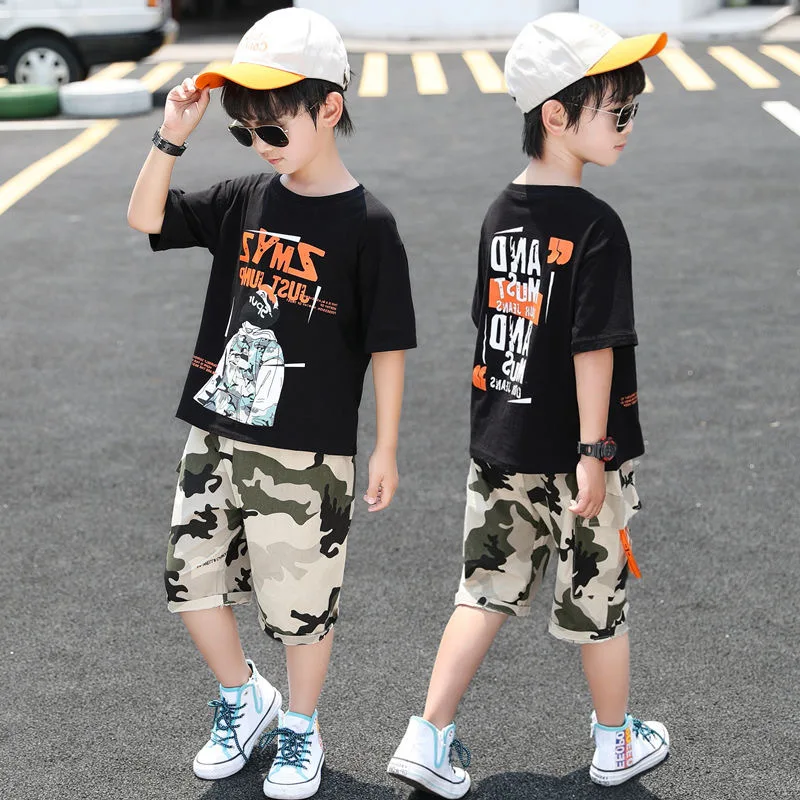 

Boys Summer Suit 2024 New Children camouflager Boy Short Sleeve T Shirt + Shorts Two-piece Sports Set Baby Loose Outfits3-12Y