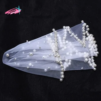 Veli da sposa corti alla francese con perle e perline, in pizzo bianco, nero, rosso, copricapo da sposa in garza