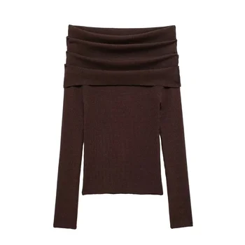 سترة محبوكة مكشوفة الكتفين بأكمام طويلة 7