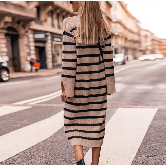 Women's Striped Turtle Neck Knit Dress With Band, LOUIS VUITTON